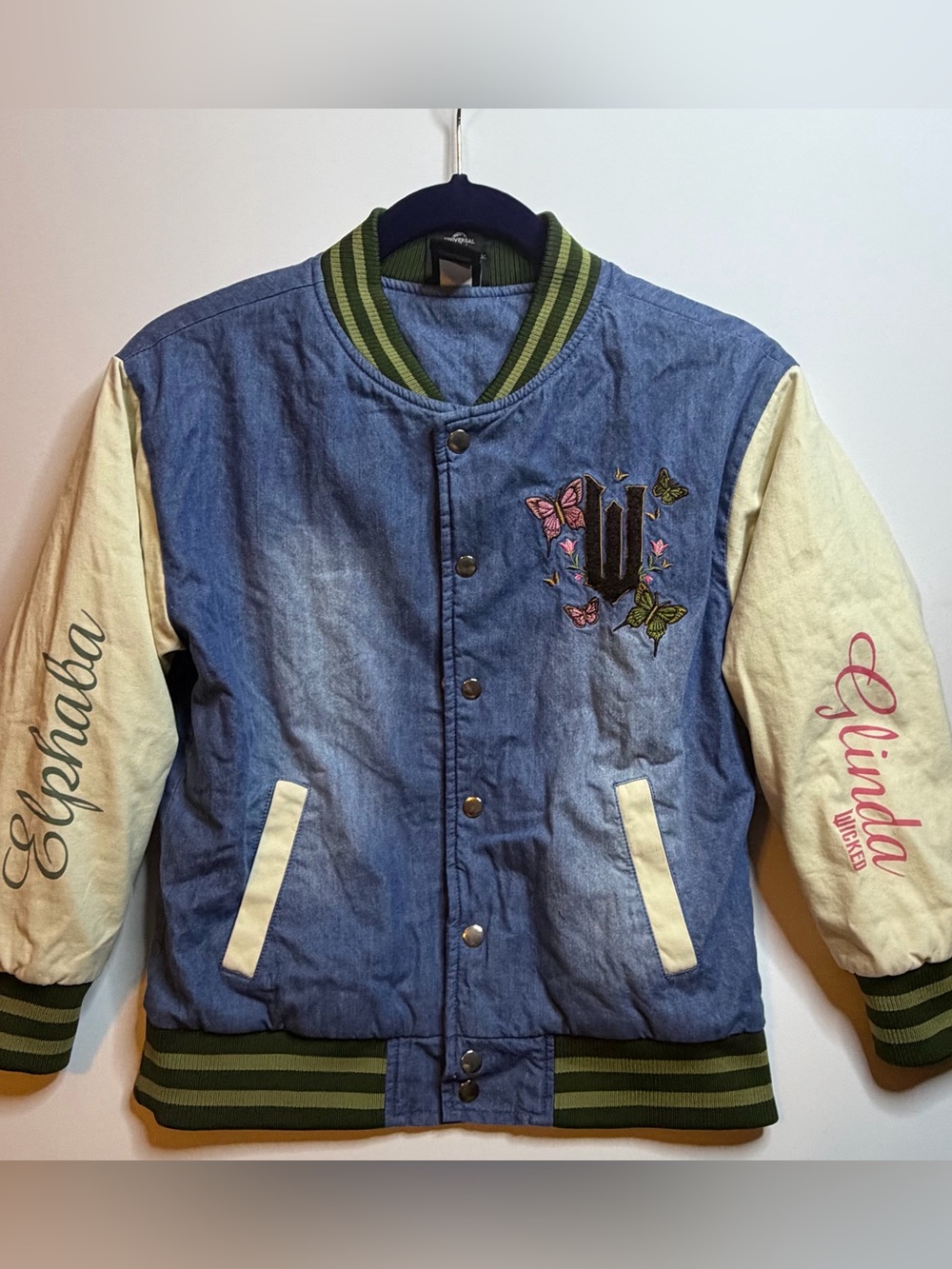 Box Lunch Wicked Kids Bomber Jacket Denim Varsity Elphaba And Glinda Size Lrg